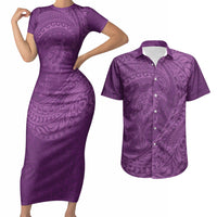 Hawaiian Turtle and Shark Couples Matching Short Sleeve Bodycon Dress and Hawaiian Shirt Kakau Tribal with Polynesian Pattern Pink Color LT03 Pink - Polynesian Pride