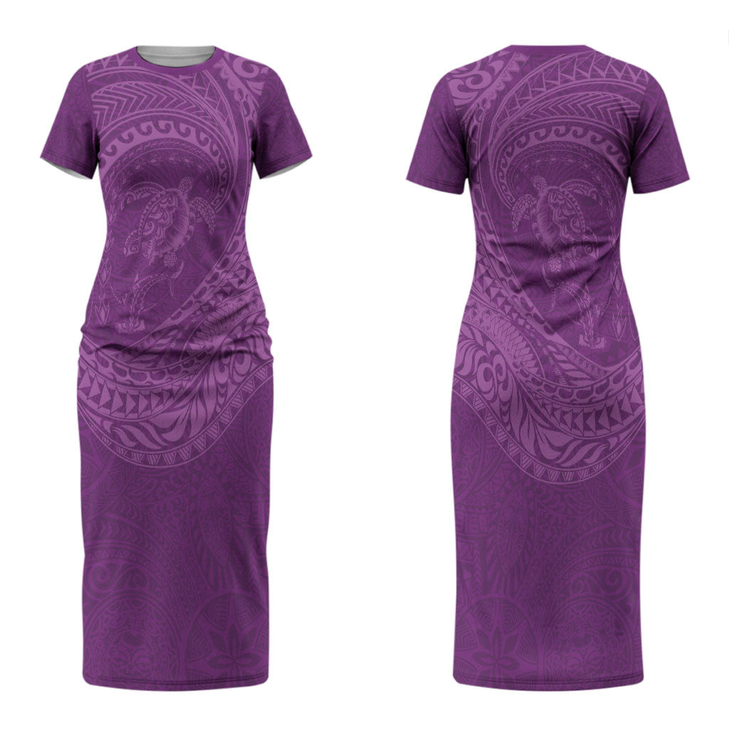 Hawaiian Turtle and Shark Couples Matching Short Sleeve Bodycon Dress and Hawaiian Shirt Kakau Tribal with Polynesian Pattern Pink Color LT03 - Polynesian Pride