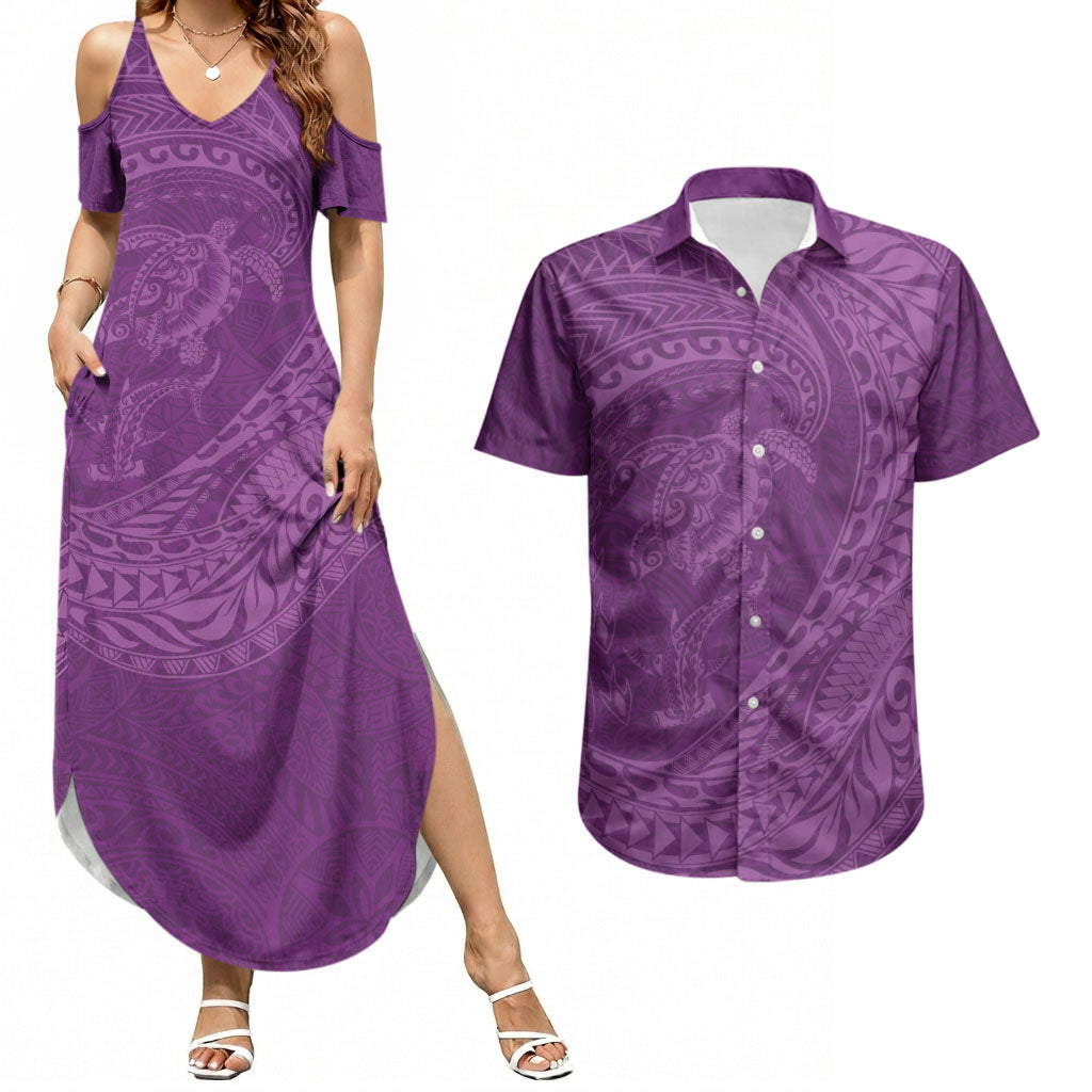 Hawaiian Turtle and Shark Couples Matching Summer Maxi Dress and Hawaiian Shirt Kakau Tribal with Polynesian Pattern Pink Color LT03 Pink - Polynesian Pride