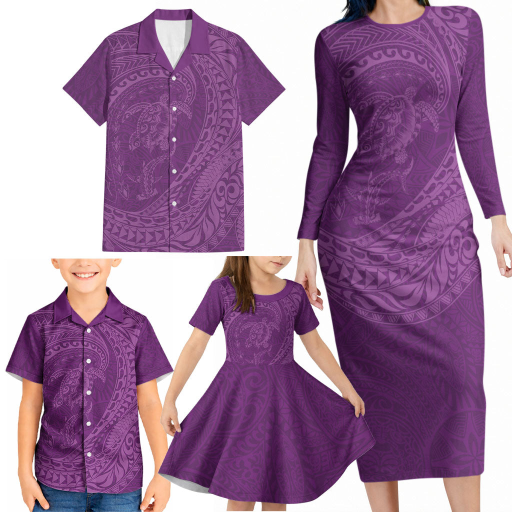 Hawaiian Turtle and Shark Family Matching Long Sleeve Bodycon Dress and Hawaiian Shirt Kakau Tribal with Polynesian Pattern Pink Color LT03 - Polynesian Pride