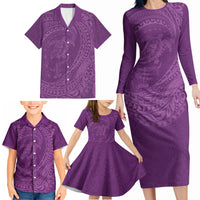 Hawaiian Turtle and Shark Family Matching Long Sleeve Bodycon Dress and Hawaiian Shirt Kakau Tribal with Polynesian Pattern Pink Color LT03 - Polynesian Pride