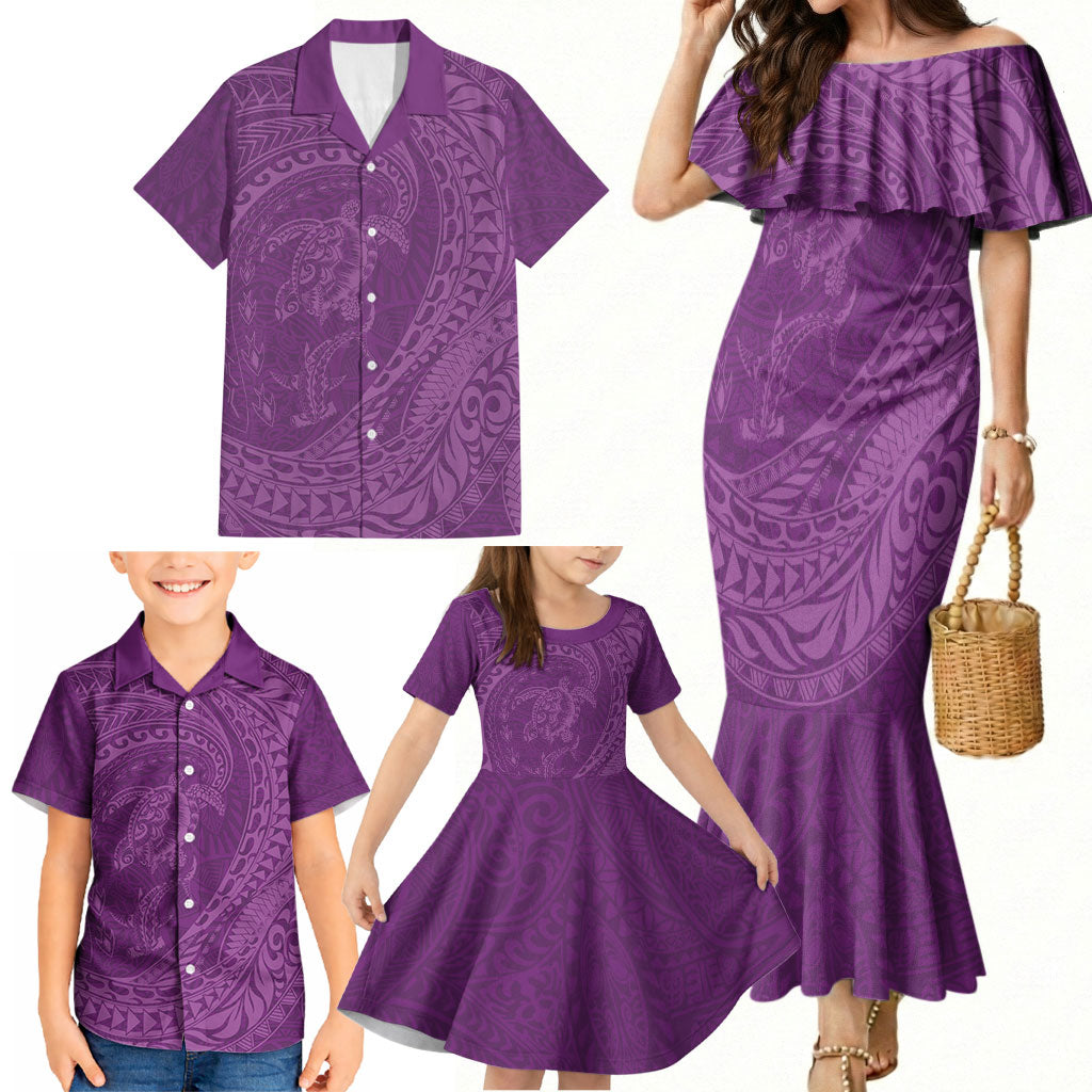 Hawaiian Turtle and Shark Family Matching Mermaid Dress and Hawaiian Shirt Kakau Tribal with Polynesian Pattern Pink Color LT03 - Polynesian Pride