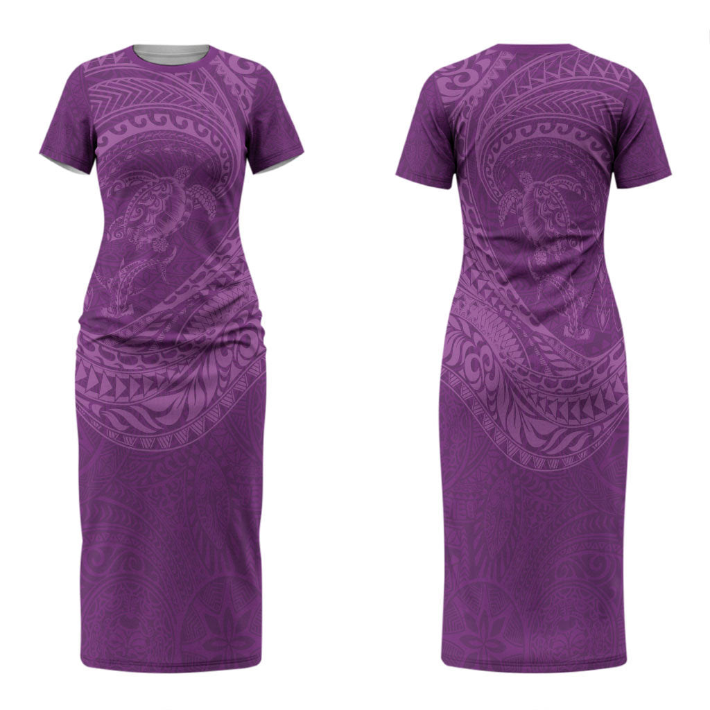 Hawaiian Turtle and Shark Family Matching Short Sleeve Bodycon Dress and Hawaiian Shirt Kakau Tribal with Polynesian Pattern Pink Color LT03 Mom's Dress Pink - Polynesian Pride