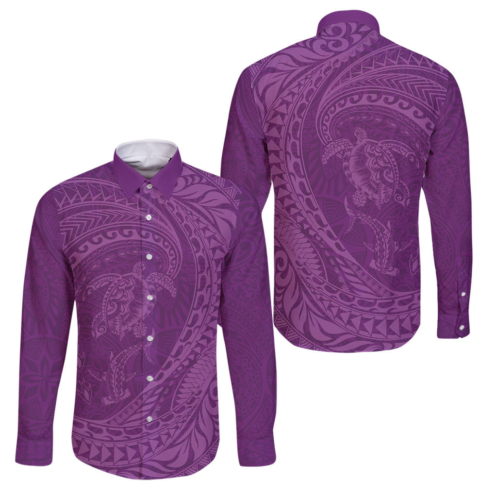 Hawaiian Turtle and Shark Family Matching Summer Maxi Dress and Hawaiian Shirt Kakau Tribal with Polynesian Pattern Pink Color LT03 Dad's Shirt - Long Sleeve Pink - Polynesian Pride