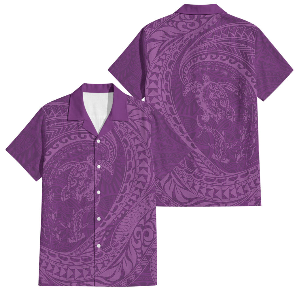 Hawaiian Turtle and Shark Family Matching Tank Maxi Dress and Hawaiian Shirt Kakau Tribal with Polynesian Pattern Pink Color LT03 Dad's Shirt - Short Sleeve Pink - Polynesian Pride