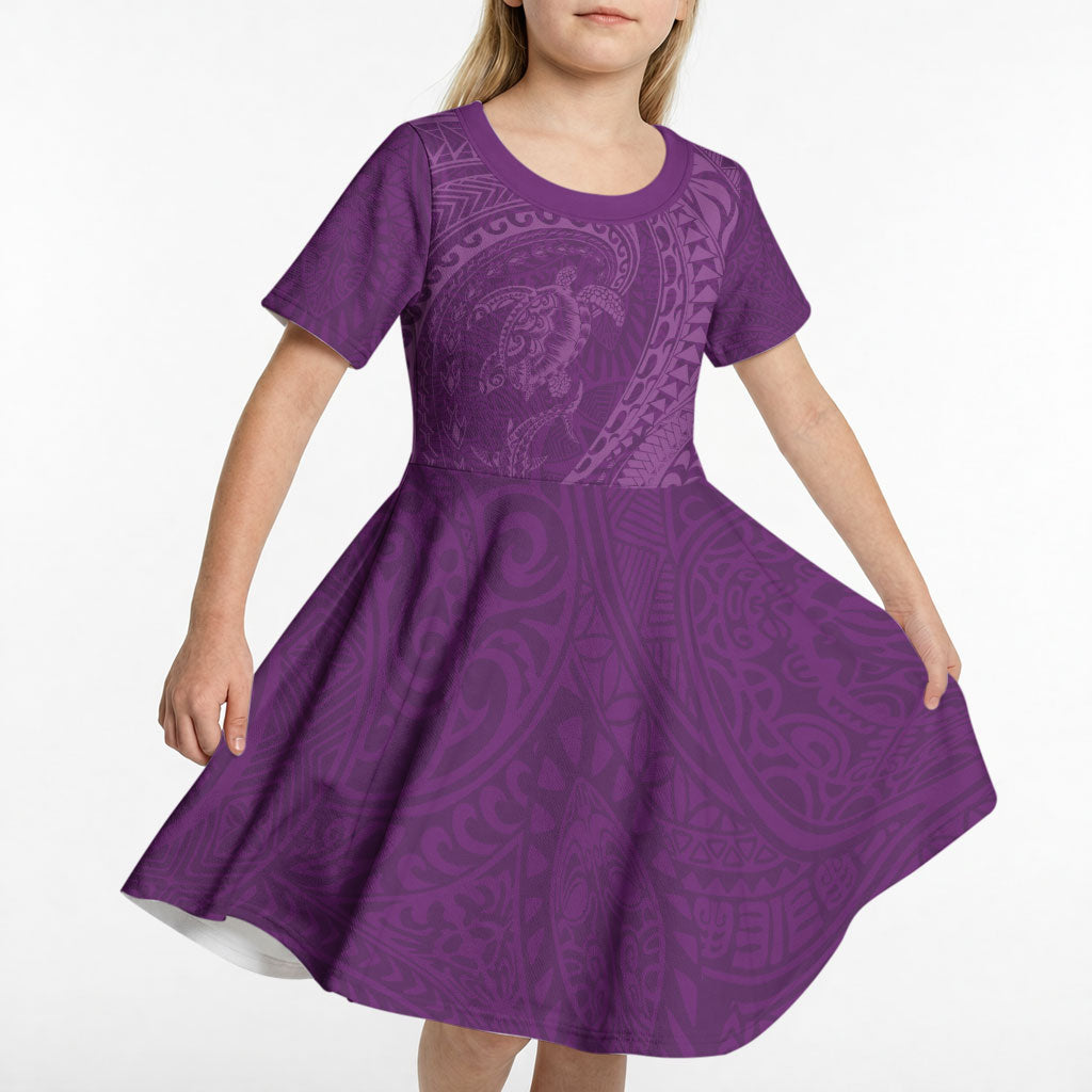 Hawaiian Turtle and Shark Kid Short Sleeve Dress Kakau Tribal with Polynesian Pattern Pink Color LT03 - Polynesian Pride