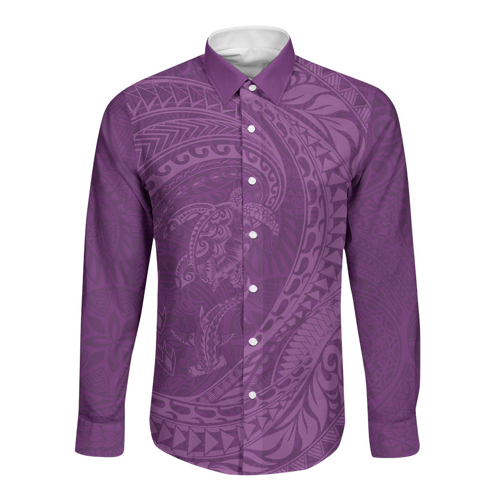 Hawaiian Turtle and Shark Long Sleeve Button Shirt Kakau Tribal with Polynesian Pattern Pink Color LT03 Unisex Pink - Polynesian Pride