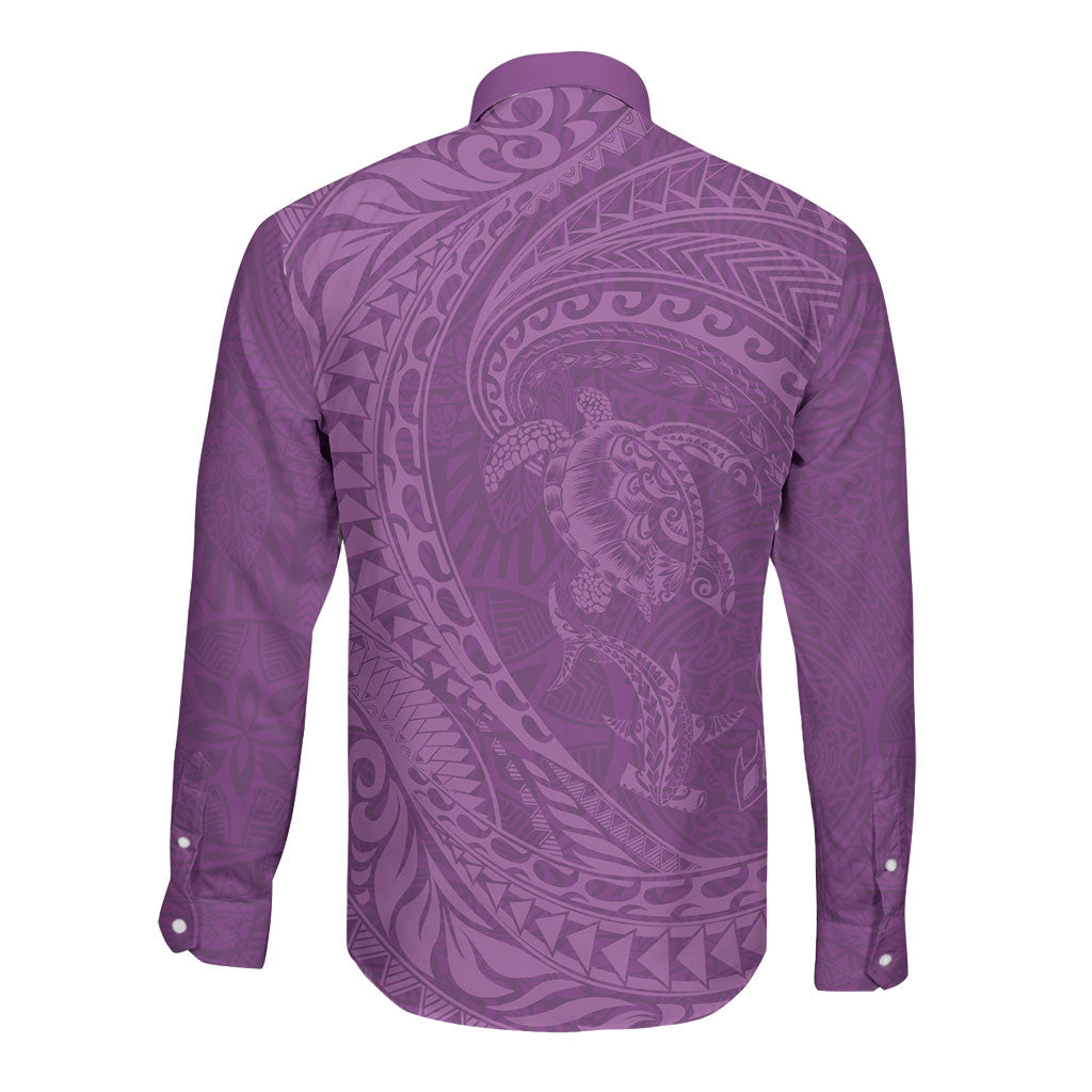 Hawaiian Turtle and Shark Long Sleeve Button Shirt Kakau Tribal with Polynesian Pattern Pink Color LT03 - Polynesian Pride