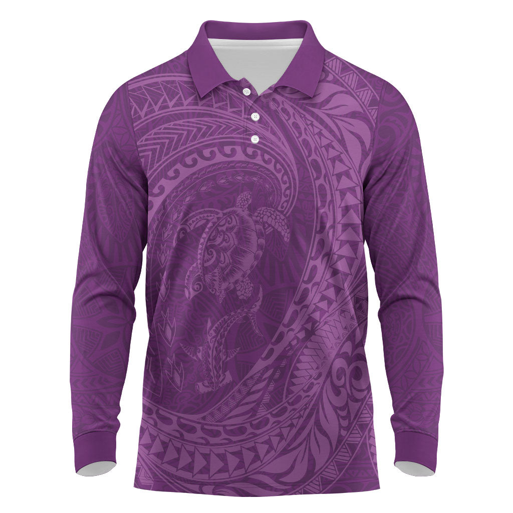 Hawaiian Turtle and Shark Long Sleeve Polo Shirt Kakau Tribal with Polynesian Pattern Pink Color LT03 Pink - Polynesian Pride
