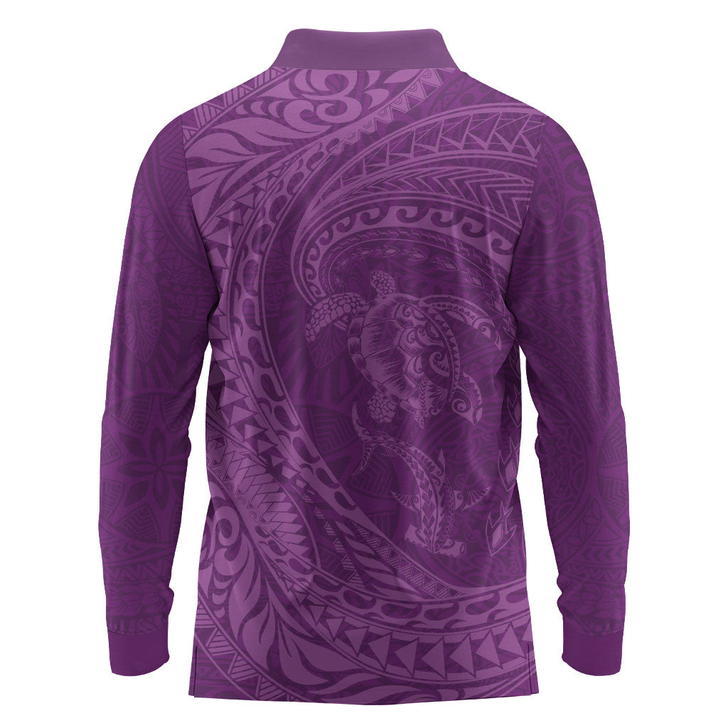Hawaiian Turtle and Shark Long Sleeve Polo Shirt Kakau Tribal with Polynesian Pattern Pink Color LT03 - Polynesian Pride