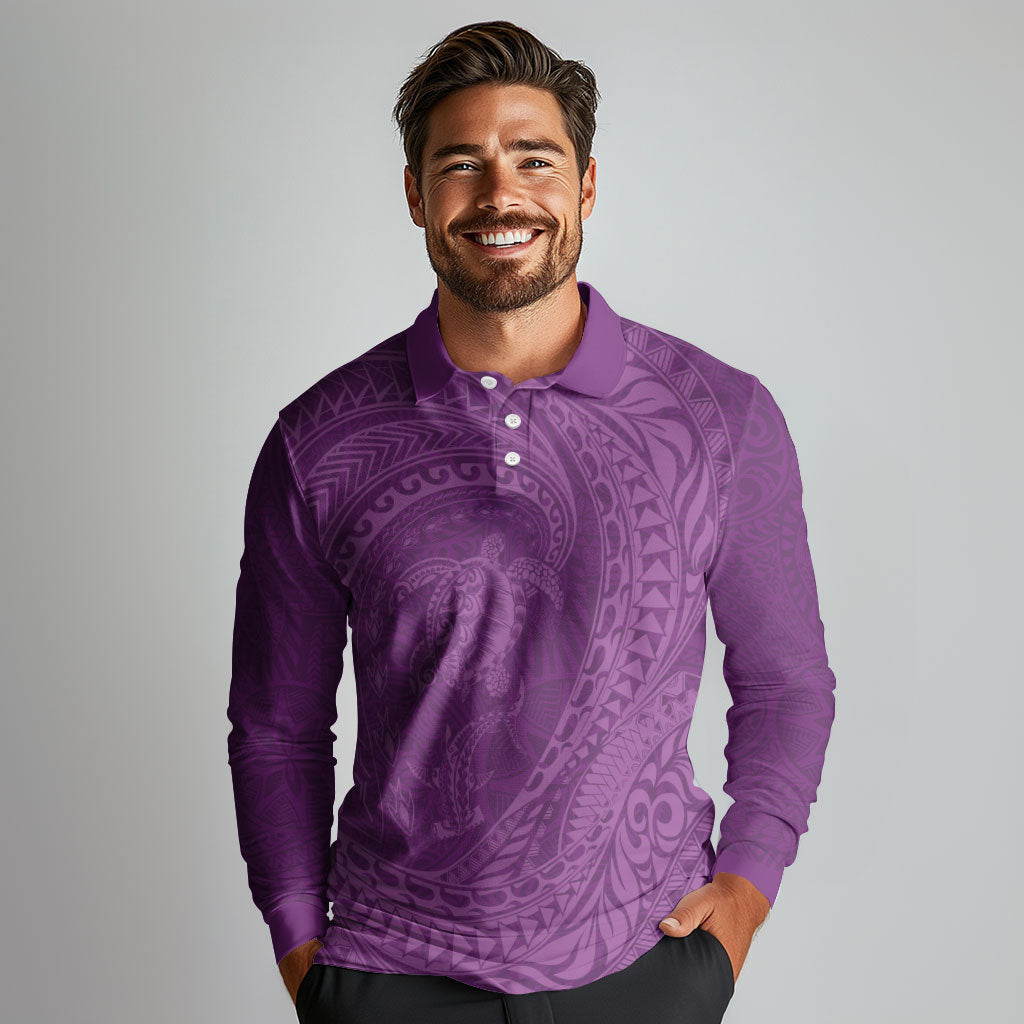 Hawaiian Turtle and Shark Long Sleeve Polo Shirt Kakau Tribal with Polynesian Pattern Pink Color LT03 - Polynesian Pride