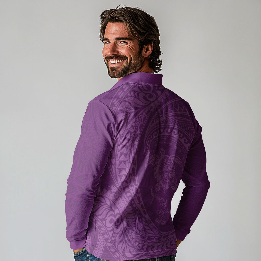 Hawaiian Turtle and Shark Long Sleeve Polo Shirt Kakau Tribal with Polynesian Pattern Pink Color LT03 - Polynesian Pride