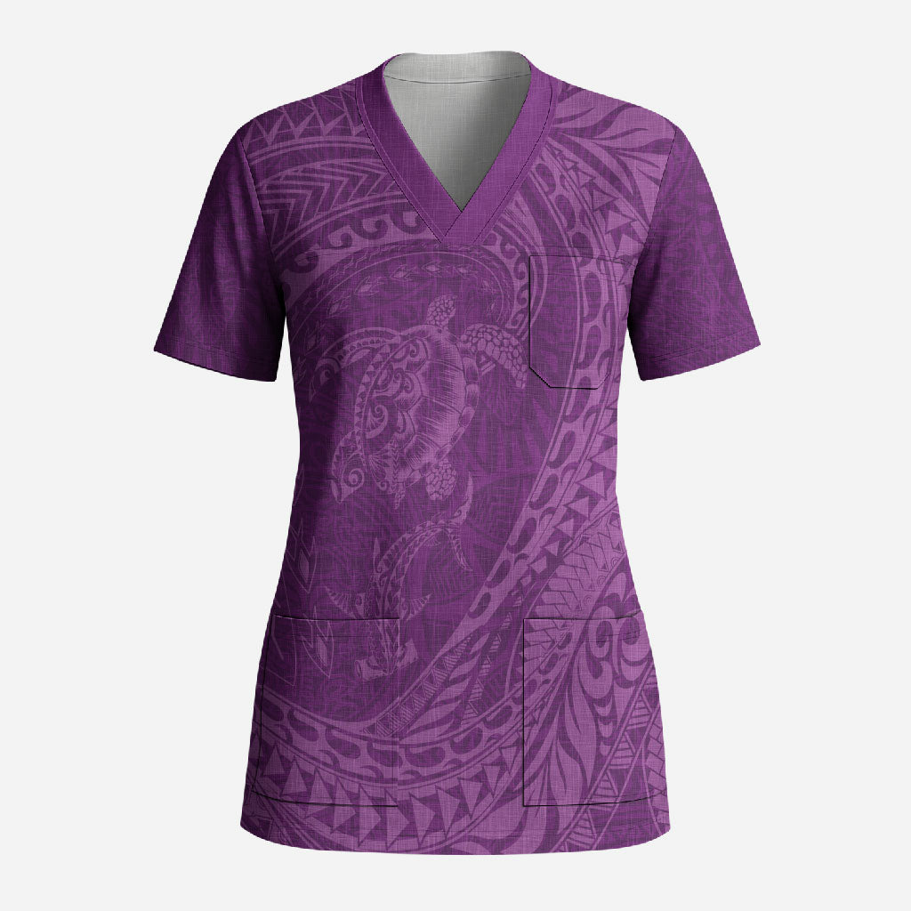 Hawaiian Turtle and Shark Scrub Top Kakau Tribal with Polynesian Pattern Pink Color LT03 Adult Pink - Polynesian Pride