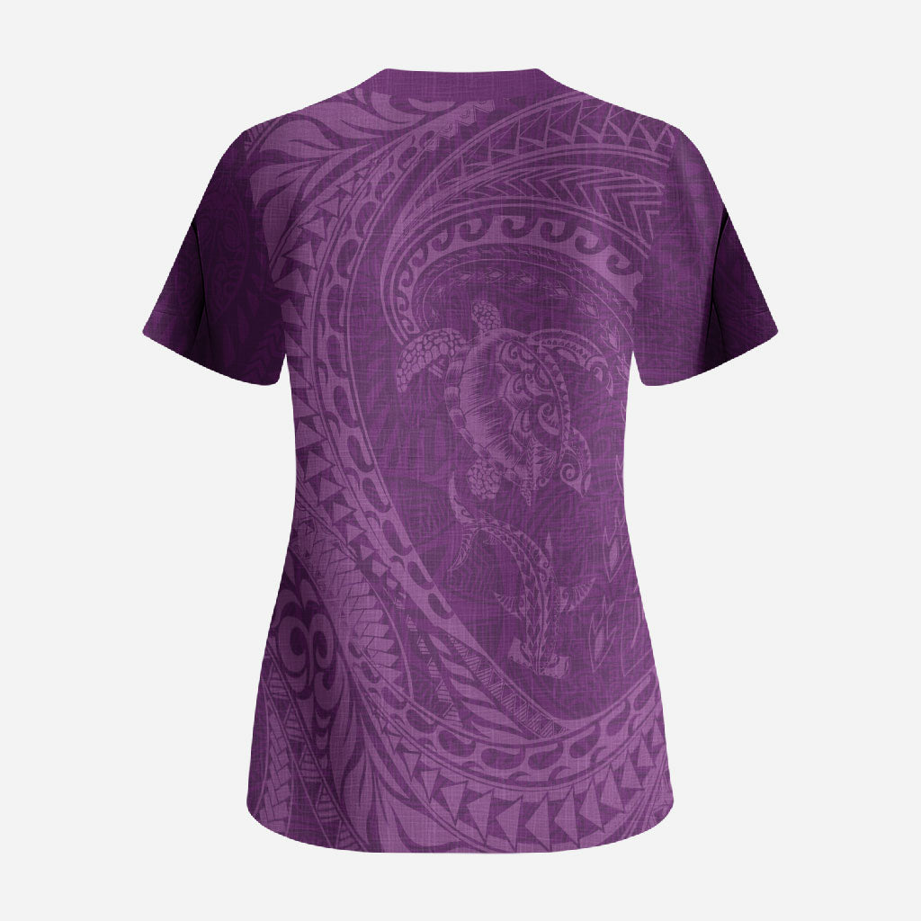 Hawaiian Turtle and Shark Scrub Top Kakau Tribal with Polynesian Pattern Pink Color LT03 - Polynesian Pride