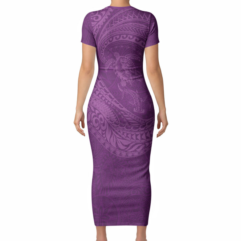 Hawaiian Turtle and Shark Short Sleeve Bodycon Dress Kakau Tribal with Polynesian Pattern Pink Color LT03 - Polynesian Pride