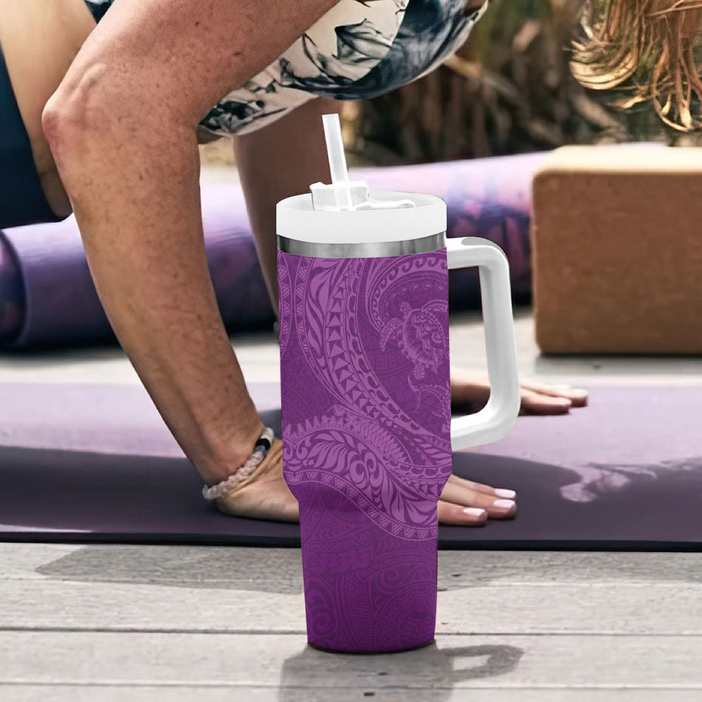 Hawaiian Turtle and Shark Tumbler With Handle Kakau Tribal with Polynesian Pattern Pink Color LT03 - Polynesian Pride