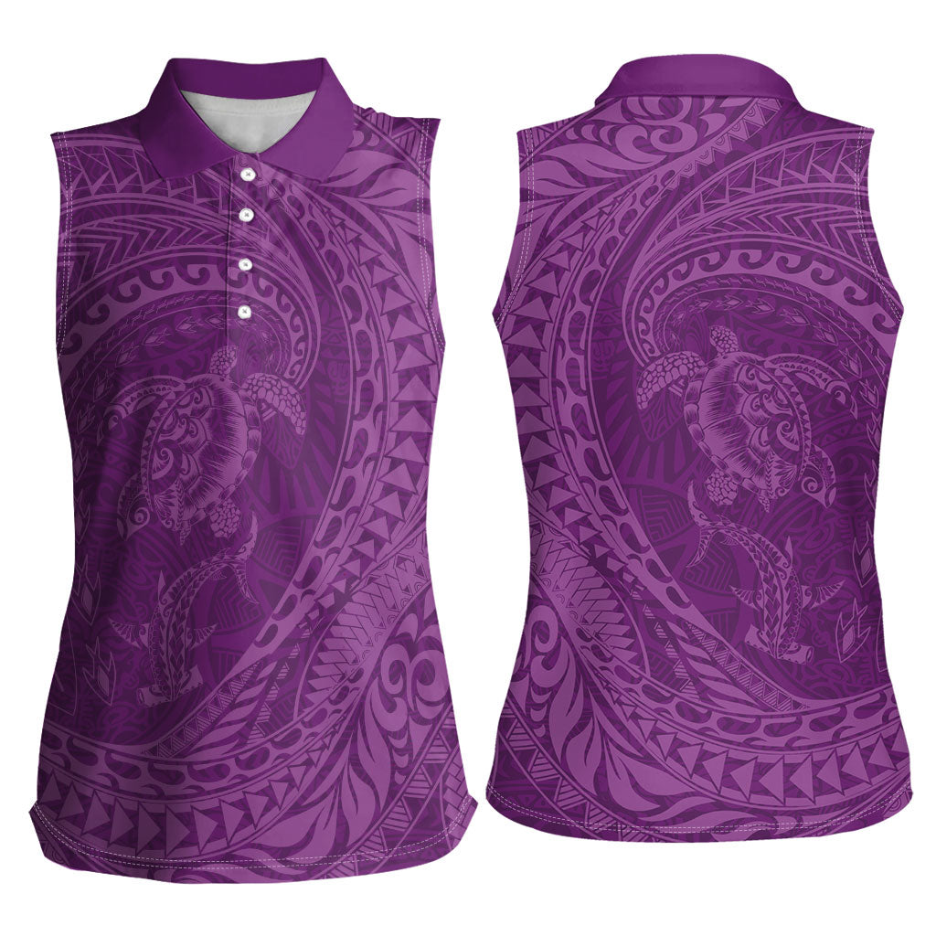 Hawaiian Turtle and Shark Women Sleeveless Polo Shirt Kakau Tribal with Polynesian Pattern Pink Color LT03 - Polynesian Pride