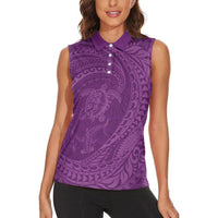 Hawaiian Turtle and Shark Women Sleeveless Polo Shirt Kakau Tribal with Polynesian Pattern Pink Color LT03 - Polynesian Pride
