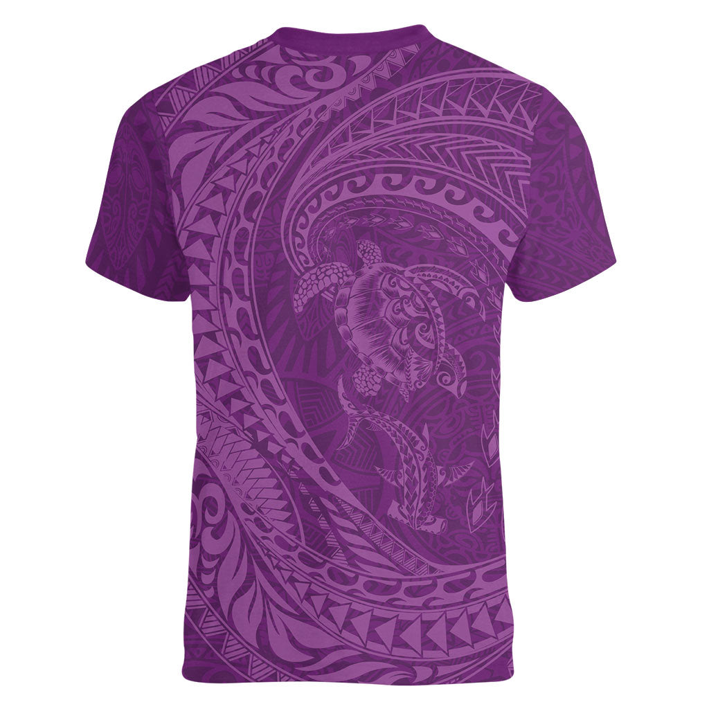 Hawaiian Turtle and Shark Women V-Neck T-Shirt Kakau Tribal with Polynesian Pattern Pink Color LT03 - Polynesian Pride