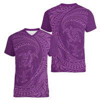 Hawaiian Turtle and Shark Women V-Neck T-Shirt Kakau Tribal with Polynesian Pattern Pink Color LT03 - Polynesian Pride