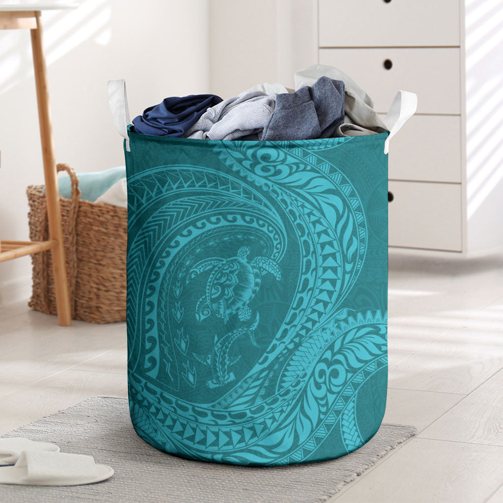 Hawaiian Turtle and Shark Laundry Basket Kakau Tribal with Polynesian Pattern Turquoise Color LT03 Turquoise - Polynesian Pride