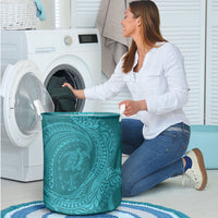 Hawaiian Turtle and Shark Laundry Basket Kakau Tribal with Polynesian Pattern Turquoise Color LT03 - Polynesian Pride