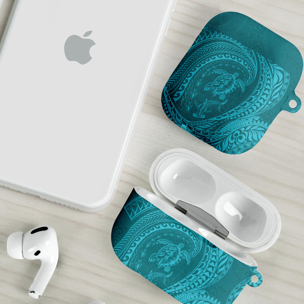 Hawaiian Turtle and Shark AirPods Case Kakau Tribal with Polynesian Pattern Turquoise Color LT03 - Polynesian Pride