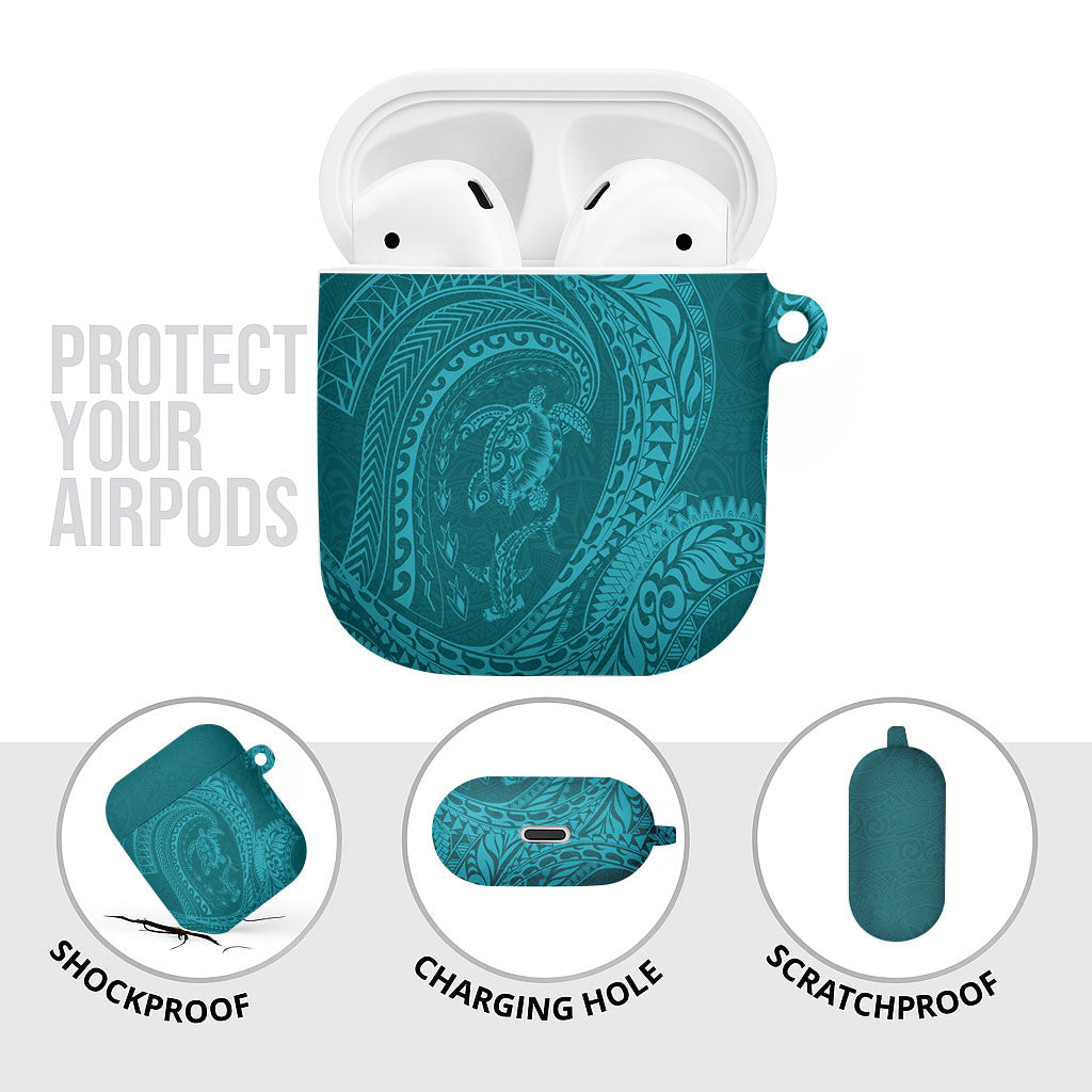 Hawaiian Turtle and Shark AirPods Case Kakau Tribal with Polynesian Pattern Turquoise Color LT03 - Polynesian Pride