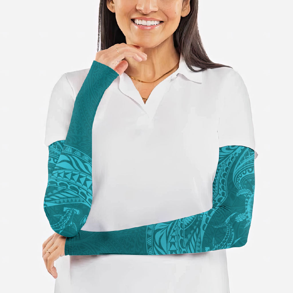 Hawaiian Turtle and Shark Arm Sleeves Kakau Tribal with Polynesian Pattern Turquoise Color LT03 - Polynesian Pride