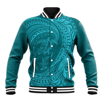 Hawaiian Turtle and Shark Baseball Jacket Kakau Tribal with Polynesian Pattern Turquoise Color LT03 Unisex Turquoise - Polynesian Pride