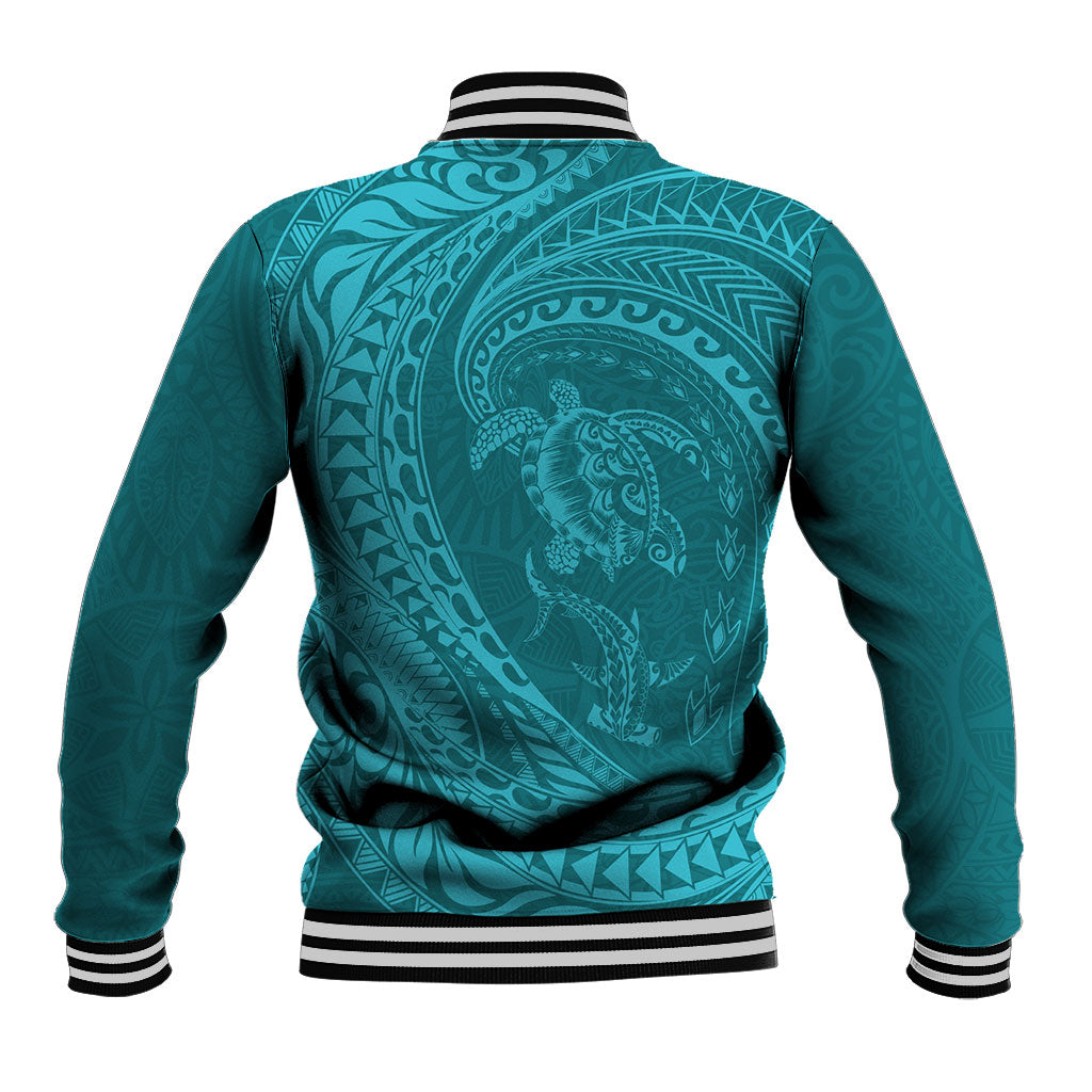 Hawaiian Turtle and Shark Baseball Jacket Kakau Tribal with Polynesian Pattern Turquoise Color LT03 - Polynesian Pride