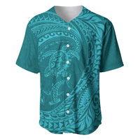 Hawaiian Turtle and Shark Baseball Jersey Kakau Tribal with Polynesian Pattern Turquoise Color LT03 Turquoise - Polynesian Pride