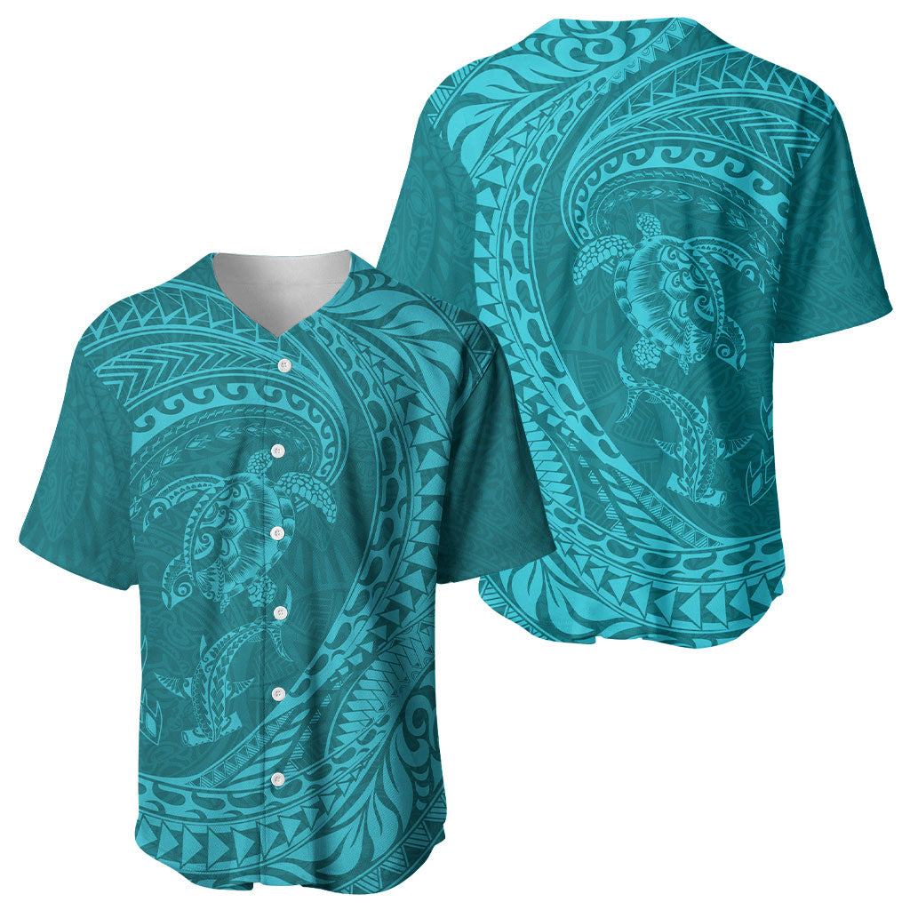 Hawaiian Turtle and Shark Baseball Jersey Kakau Tribal with Polynesian Pattern Turquoise Color LT03 - Polynesian Pride