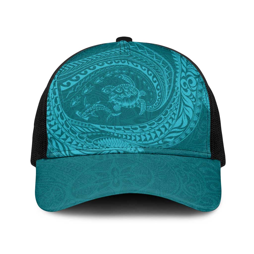 Hawaiian Turtle and Shark Baseball Net Cap Kakau Tribal with Polynesian Pattern Turquoise Color