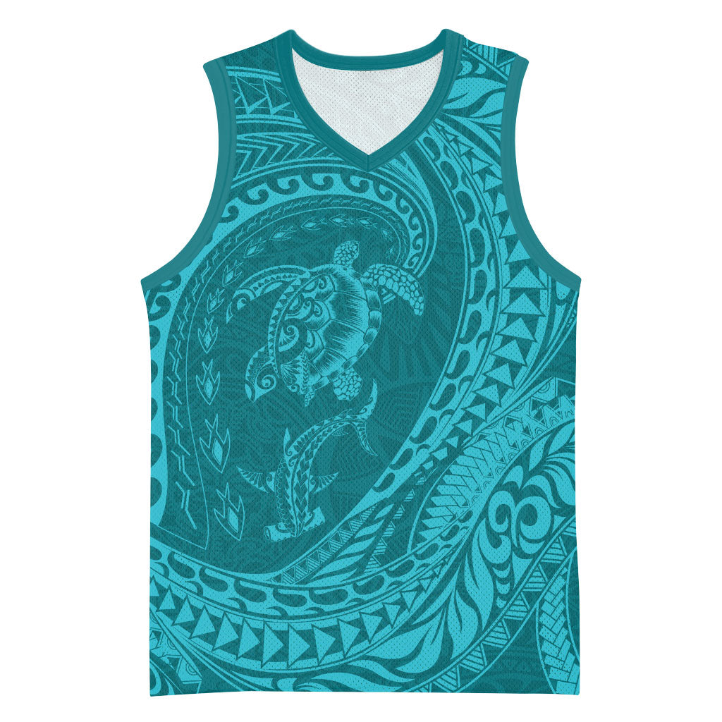 Hawaiian Turtle and Shark Basketball Jersey Kakau Tribal with Polynesian Pattern Turquoise Color LT03 Unisex Turquoise - Polynesian Pride