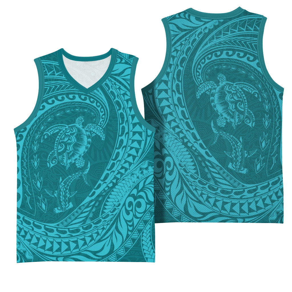 Hawaiian Turtle and Shark Basketball Jersey Kakau Tribal with Polynesian Pattern Turquoise Color LT03 - Polynesian Pride