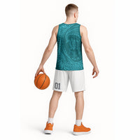 Hawaiian Turtle and Shark Basketball Jersey Kakau Tribal with Polynesian Pattern Turquoise Color LT03 - Polynesian Pride