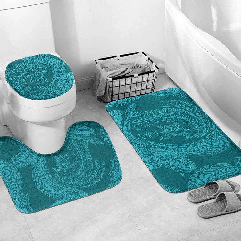 Hawaiian Turtle and Shark Bathroom Set Kakau Tribal with Polynesian Pattern Turquoise Color LT03 Mat Set Only (3 pcs) One Size Turquoise - Polynesian Pride