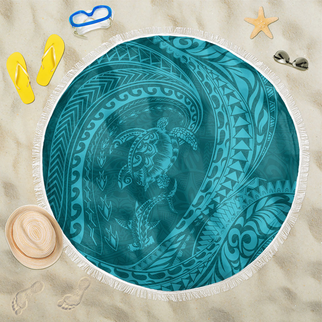 Hawaiian Turtle and Shark Beach Blanket Kakau Tribal with Polynesian Pattern Turquoise Color LT03 One Size 150cm Turquoise - Polynesian Pride
