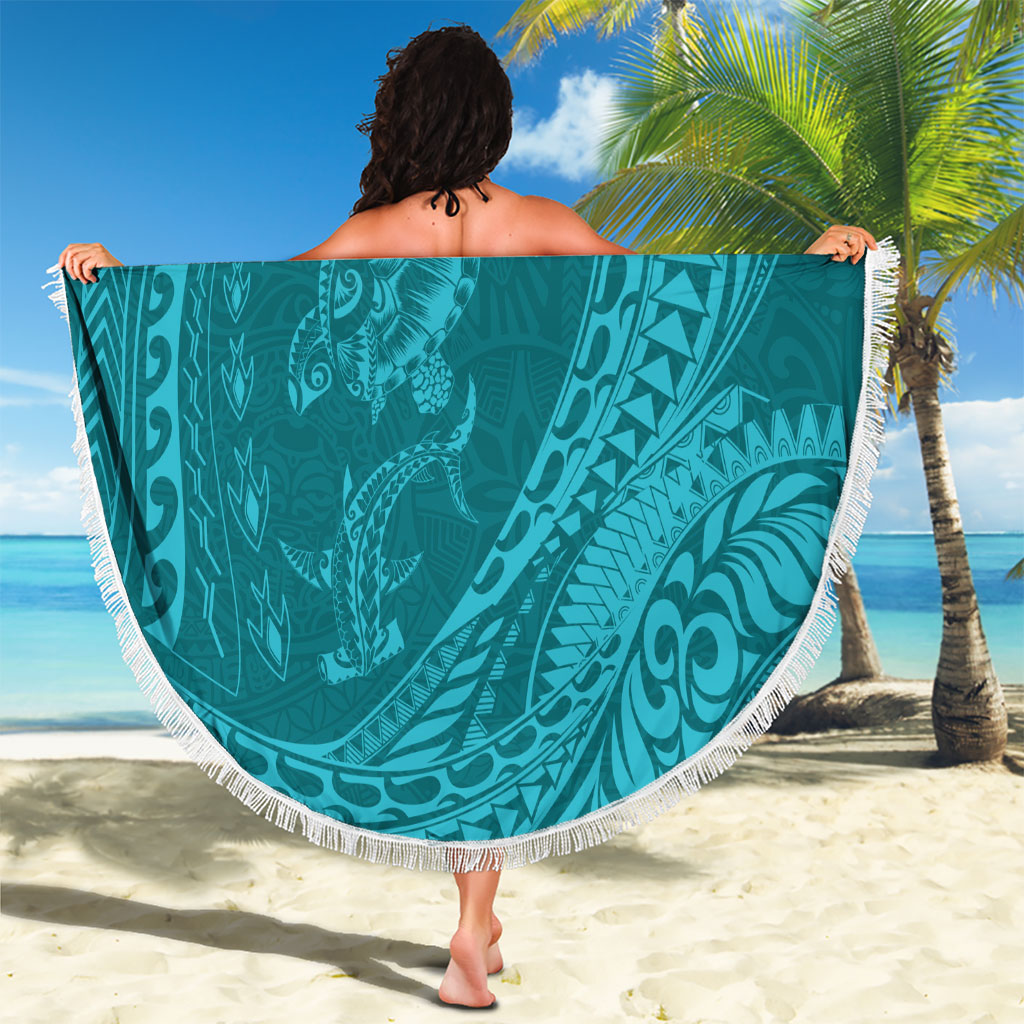 Hawaiian Turtle and Shark Beach Blanket Kakau Tribal with Polynesian Pattern Turquoise Color LT03 - Polynesian Pride