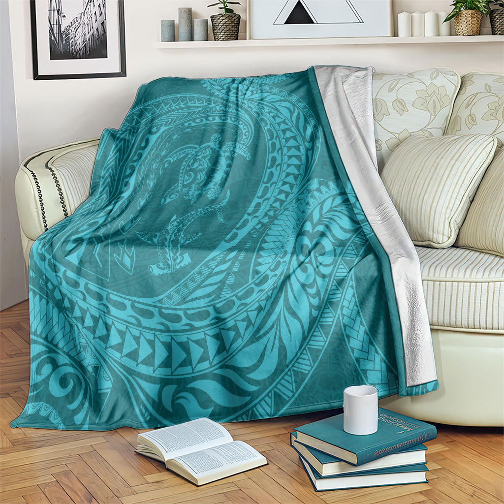 Hawaiian Turtle and Shark Blanket Kakau Tribal with Polynesian Pattern Turquoise Color LT03 Turquoise - Polynesian Pride