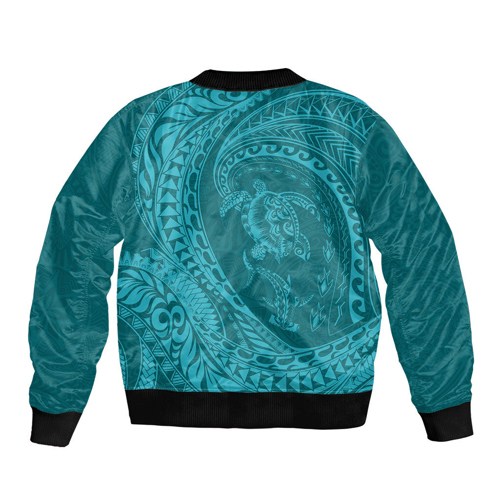 Hawaiian Turtle and Shark Bomber Jacket Kakau Tribal with Polynesian Pattern Turquoise Color LT03 - Polynesian Pride