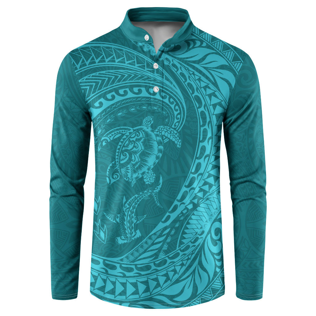 Hawaiian Turtle and Shark Button Sweatshirt Kakau Tribal with Polynesian Pattern Turquoise Color LT03 Turquoise - Polynesian Pride