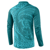 Hawaiian Turtle and Shark Button Sweatshirt Kakau Tribal with Polynesian Pattern Turquoise Color LT03 - Polynesian Pride