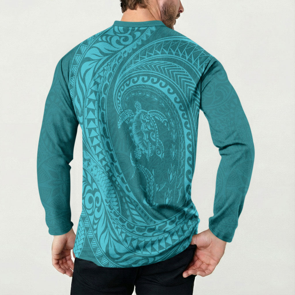 Hawaiian Turtle and Shark Button Sweatshirt Kakau Tribal with Polynesian Pattern Turquoise Color LT03 - Polynesian Pride