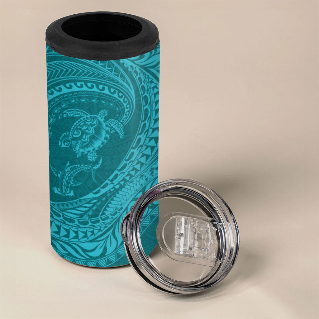 Hawaiian Turtle and Shark 4 in 1 Can Cooler Tumbler Kakau Tribal with Polynesian Pattern Turquoise Color LT03 - Polynesian Pride