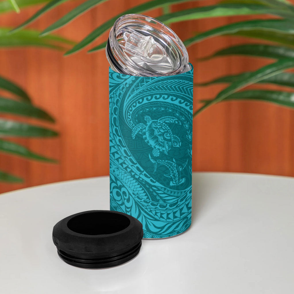 Hawaiian Turtle and Shark 4 in 1 Can Cooler Tumbler Kakau Tribal with Polynesian Pattern Turquoise Color LT03 - Polynesian Pride
