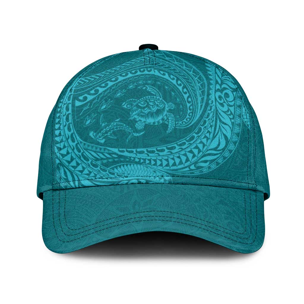 Hawaiian Turtle and Shark Classic Cap Kakau Tribal with Polynesian Pattern Turquoise Color