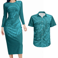 Hawaiian Turtle and Shark Couples Matching Long Sleeve Bodycon Dress and Hawaiian Shirt Kakau Tribal with Polynesian Pattern Turquoise Color LT03 Turquoise - Polynesian Pride