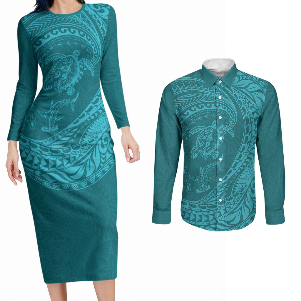Hawaiian Turtle and Shark Couples Matching Long Sleeve Bodycon Dress and Long Sleeve Button Shirt Kakau Tribal with Polynesian Pattern Turquoise Color LT03 Turquoise - Polynesian Pride